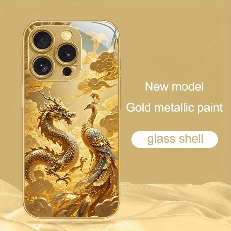 Golden Dragon Phoenix Print Gold Metallic Paint Glass Phone Case For iPhone 17 16 15 14 13 12 11 Pro Max Plus 17 Air 16E Cover