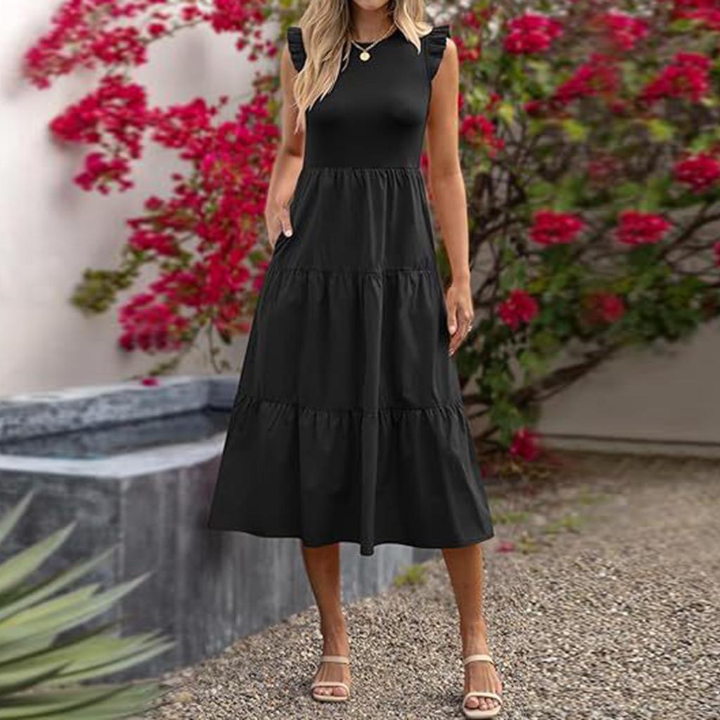 Women's Bohemian Round Neck Ruffle Sleeve Color Summer Casual Dresses