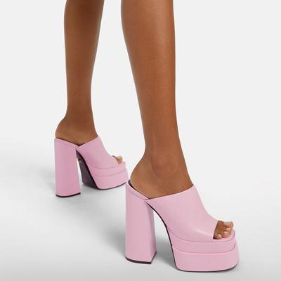 Sandálias femininas de bico quadrado de verão, couro sintético, peep toe, festa, salto alto super alto, plataforma, sapatos femininos, novos