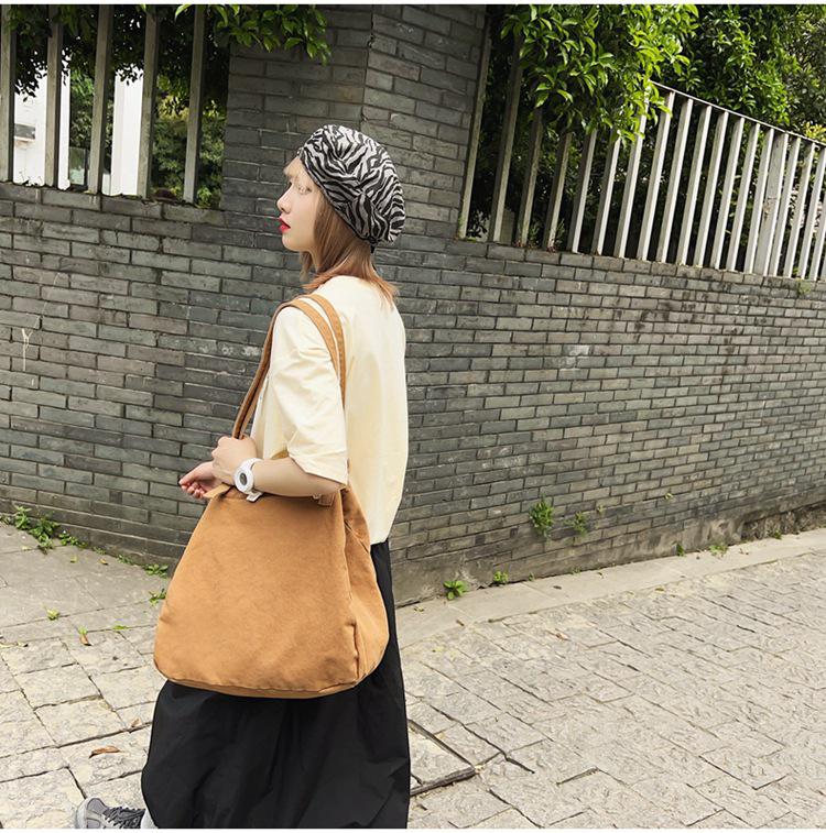 Japanese Minimalist Canvas Shoulder Bag: Large Capacity, Solid Color, Versatile for Shopping or School