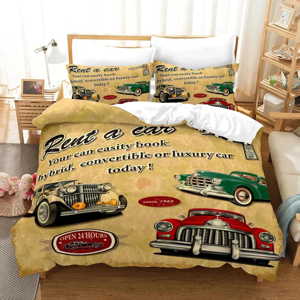 Cars Duvet Cover Traditional Old Car Race Nostalgic American Car Bedding Set Classic Cars Polyester Quilt Cover For Boys Teens