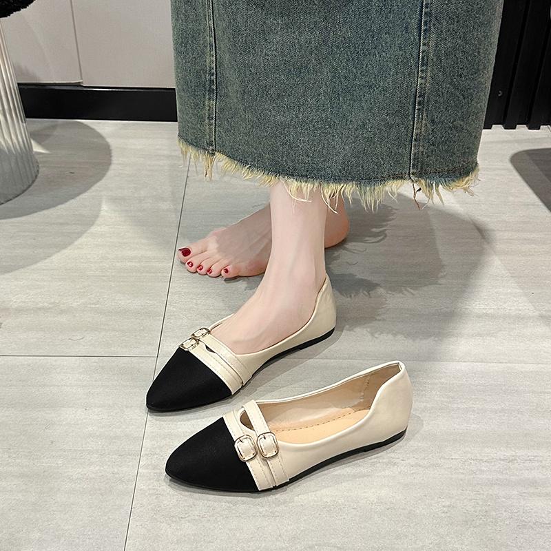 Fashion 2024 Spring and Autumn Fashionable Buckle Design Shallow Mouth Low-top Shoes Pointed Toe Elegant Women's Metal Decorated Shoes