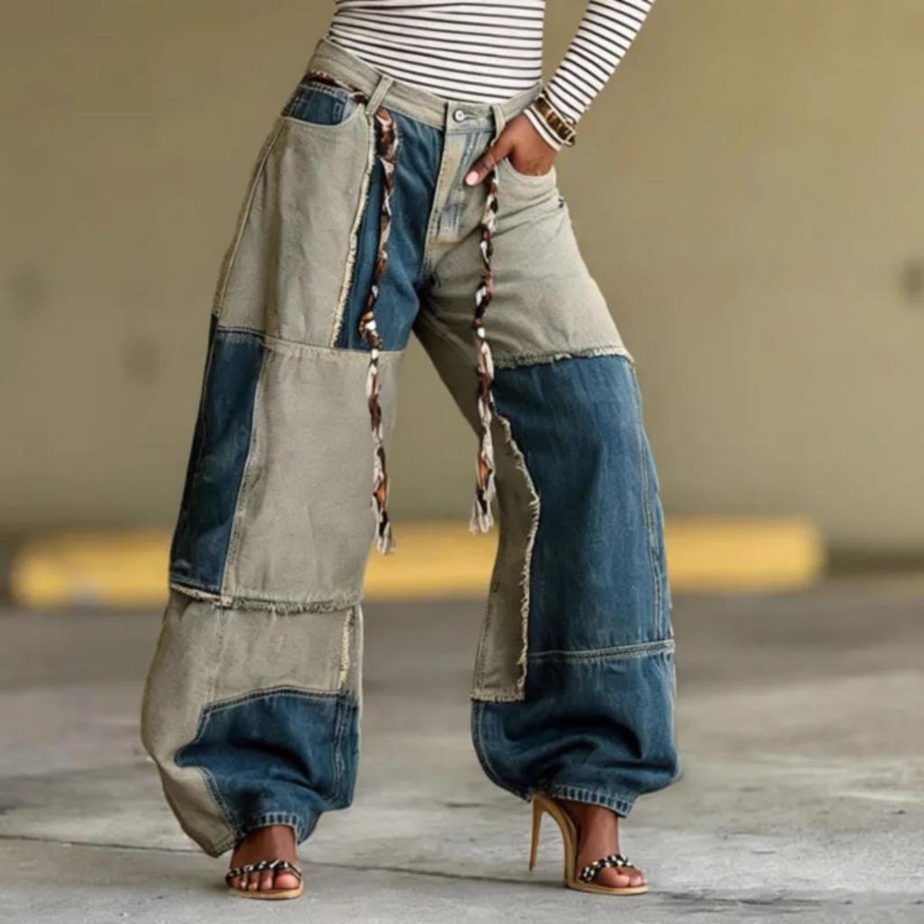 VIONA Estilo Europeo Empalme de Dos Colores Borde Curvo Contrastante con Cinturón Vaqueros de Mezclilla para Mujer
