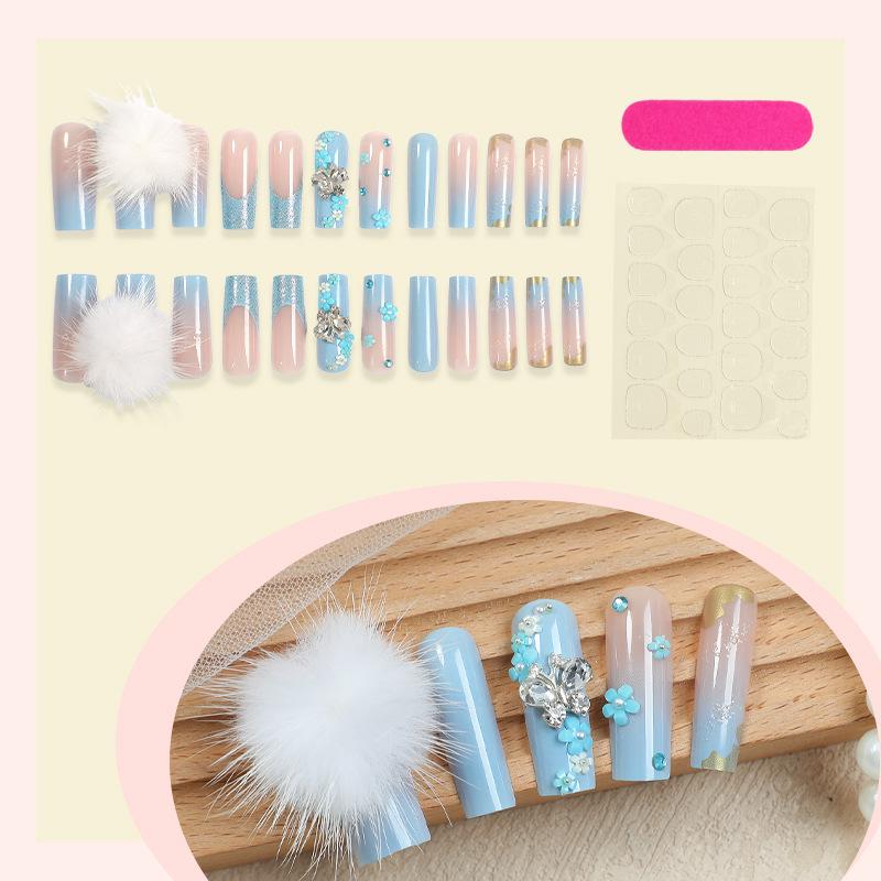 Exquisite 3D Bowknot Flower Pompon Rhinestone Handmade Long Nail Tips