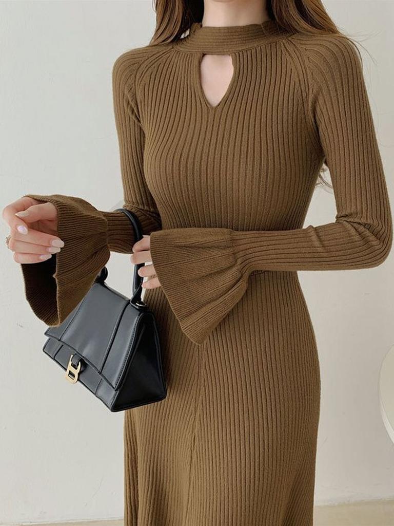 Women's Knitted Dress Long Sleeves Half Turtleneck Sweater Dress Hollow Fashion Clothing Autumn Winter