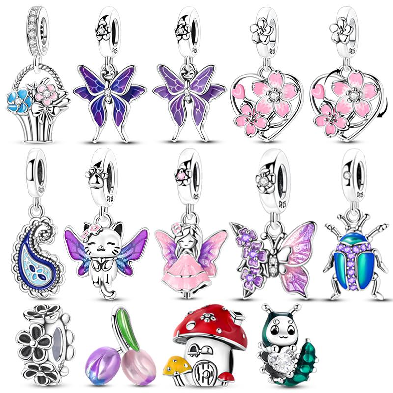 Salerotating Cherry Blossoms Charms Bead Copper Butterfly Dangle Pendant Fit Bangle Bracelet Necklace Diy Jewelry