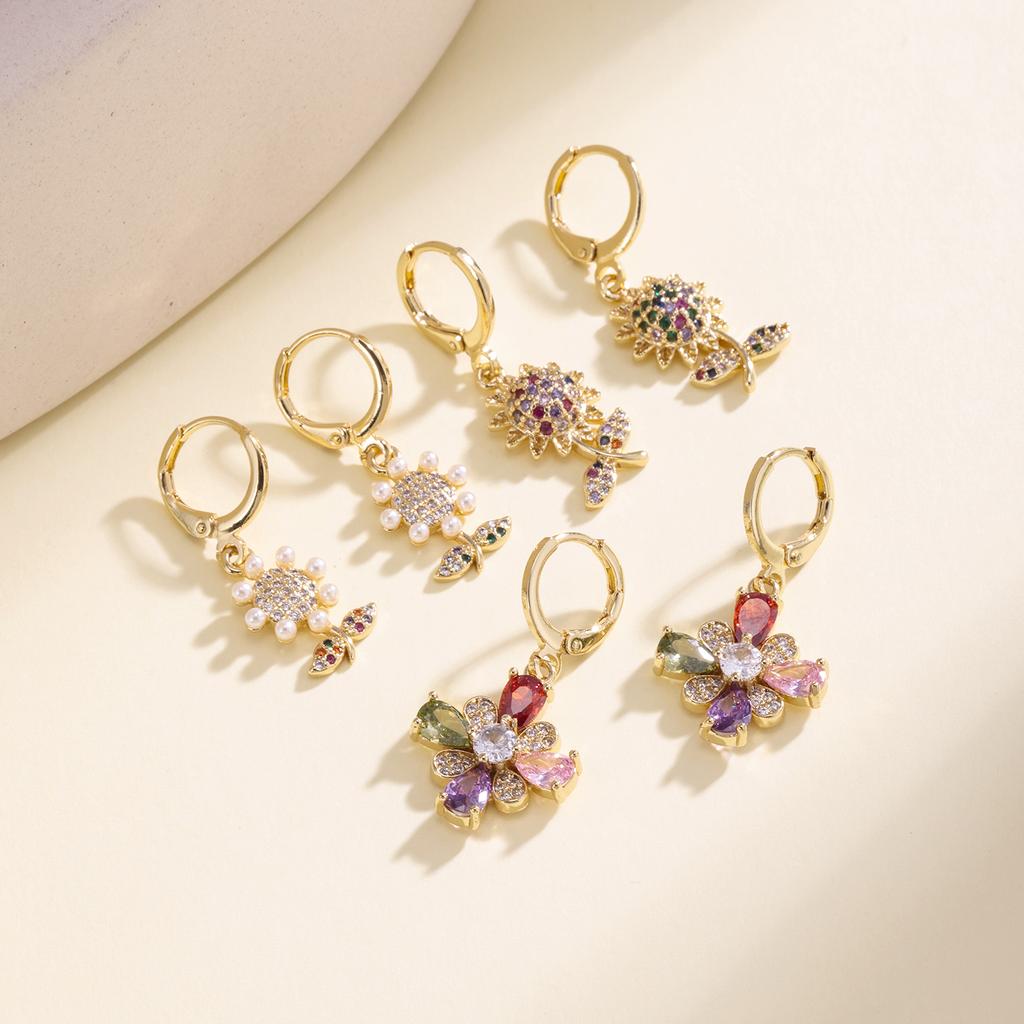 Nidin Multicolor Zircon Flower Hoop Earrings For Women Elegant Pearl Sunflower Dangle Ear Buckle Bridal Wedding Jewelry Gifts