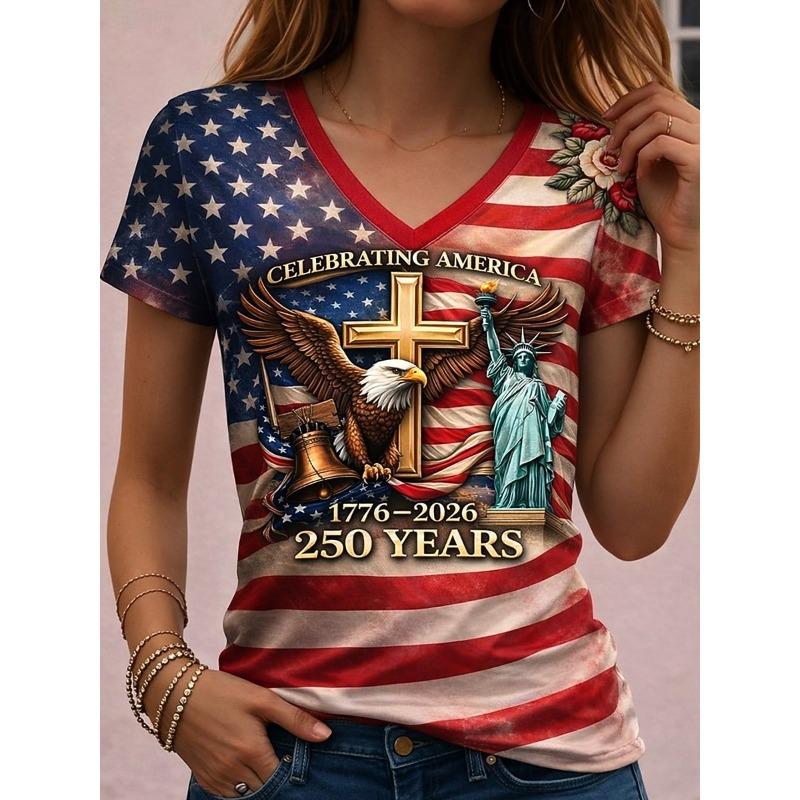 

Women s T Shirt Print Graphic Flag American Flag Vintage Stylish Classic Short Sleeve V Neck Regular Tops Summer Spring S