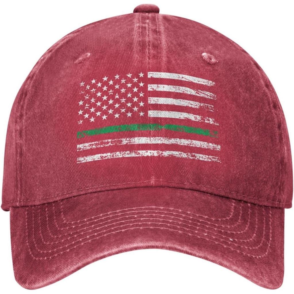 Thin Green Line American Flag Baseball Cap Distressed Washed Denim Style Adjustable Dad Hat
