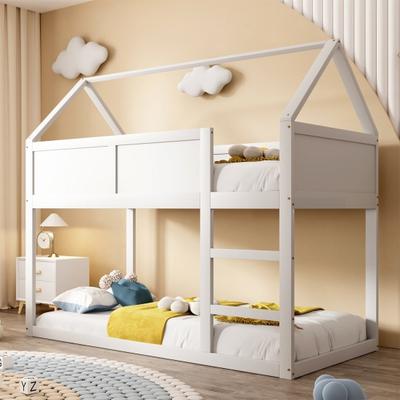 Beliche Infantil, 90 x 200 cm, Cama Solteiro Beliche Baixo, Cama Alta com Escadas, Estrutura em Madeira Maciça, Cor Madeira