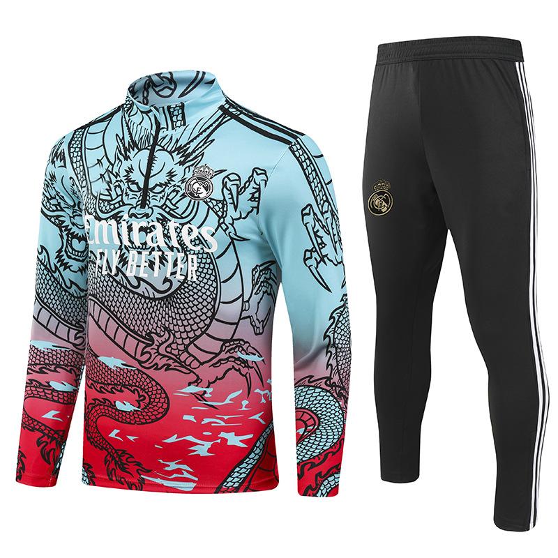 2324 Königliches Madrid Sonderedition Langarm Fußball-Trikot-Set Herren Herbst- und Winter-Wettkampf-Trainings-Trikot-Set Anzug mit halbem Reißverschluss