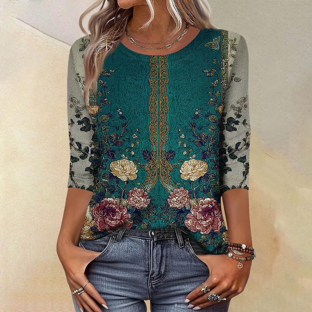 Módní vintage top s 3/4 rukávem pro ženy, dámská ležérní halenka s tříčtvrtečním rukávem a kulatým výstřihem s potiskem