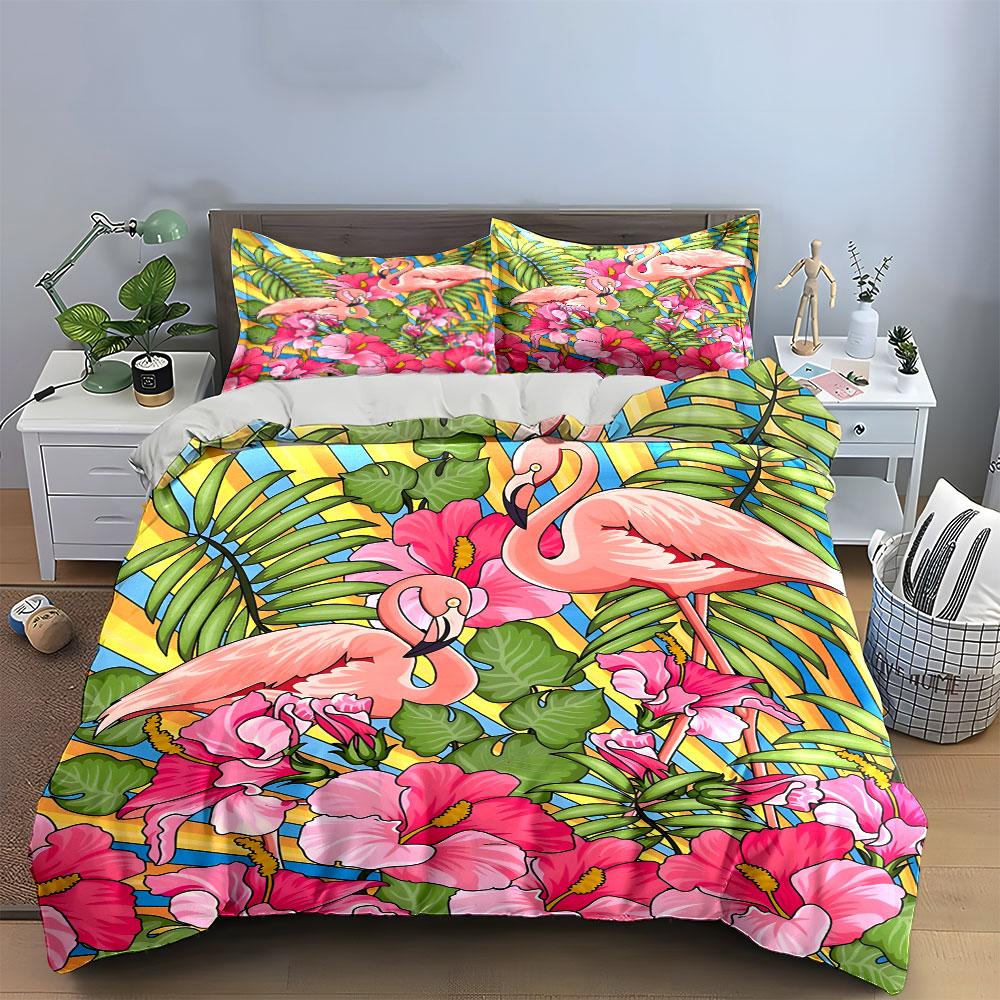 Tropical Flamingo Paradise Bedding Set Kid'S And Adults' Bedroom Decor, Exquisite Three-Piece Bedding Set Gift