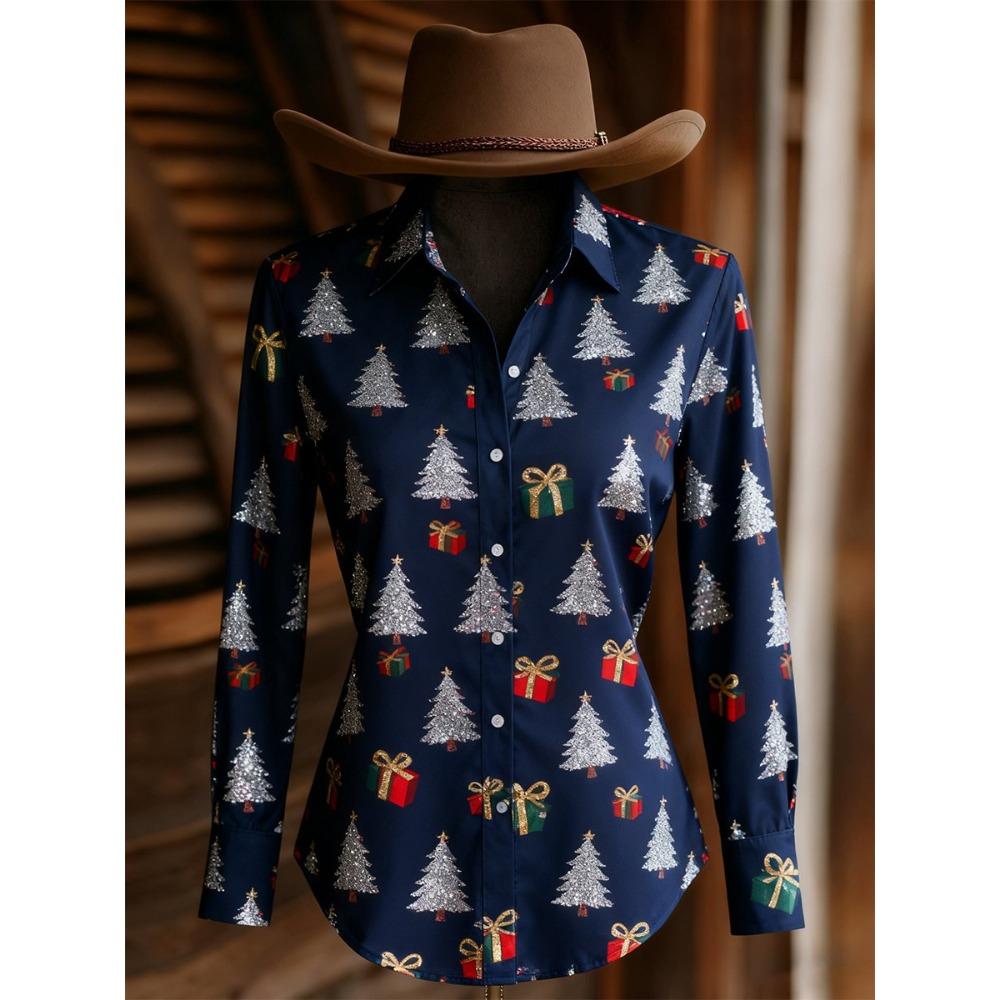 Christmas Vintage Women's 3D Printed Long Sleeve Shirts Casual Christmas Blouse Button-Up Western Cowboys Tops For Women
