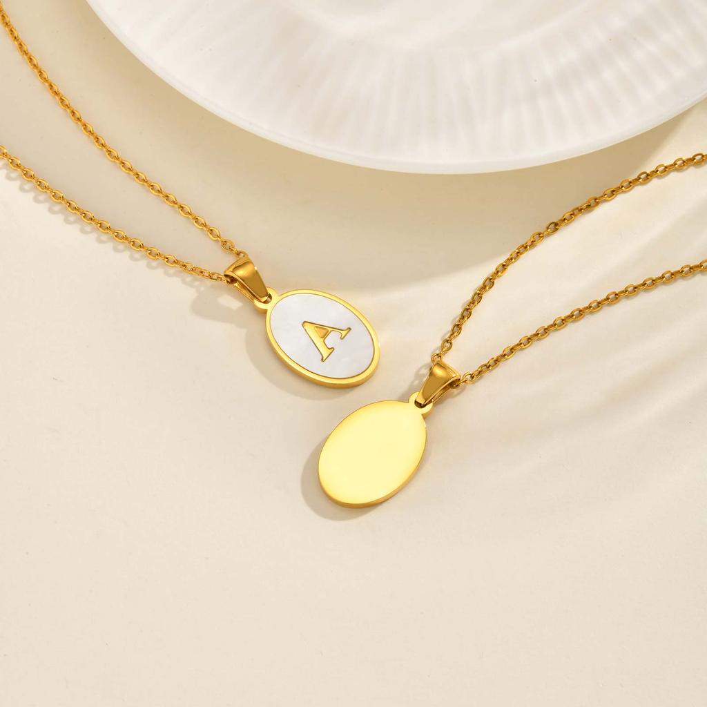 Stainless Steel Oval White Shell Letter A-Z Initial Pendant for Women,Gold Plated 26 Letters Necklaces,Trendy Jewelry Gift