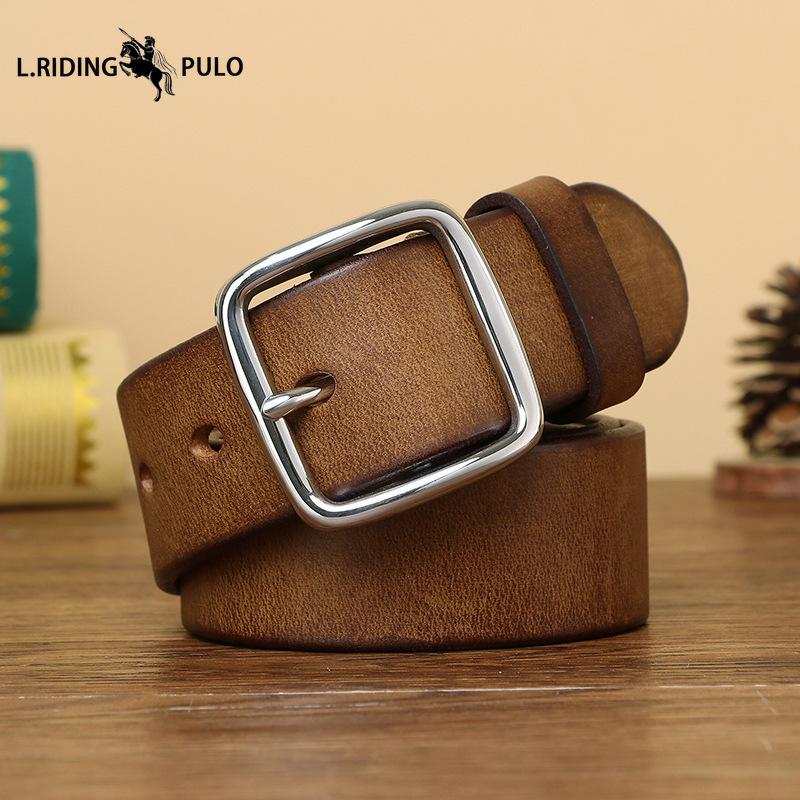 Stainless Steel Buckle Belt for Men, Genuine Leather Pin Buckle, Top Layer Cowhide, Korean Style, Retro Fashion, Trendy, Versatile Casual Trouser Belt