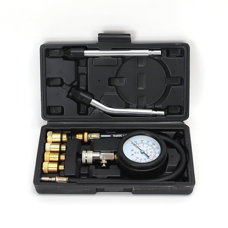 8PCS Compression Tester Kit 0-300 PSI Petrol Gas Engine Cylinder Pressure Gauge Automotive Tool For Motorcycle Car Truck (Black)
