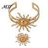 Golden Plated Jewelry Set 2Pcs Retro Sun Bangle Ring Set, Open Adjustable Cuff Bracelet Lady Statement & Ring, Hand for Women Finger