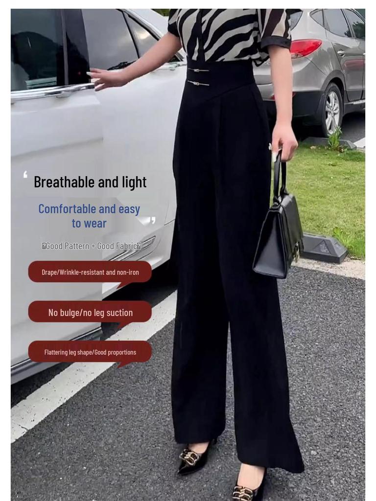 Women's Autumn 2025 Black Wide-Leg Pants: New Chinese Style Slim Fit Straight-Leg