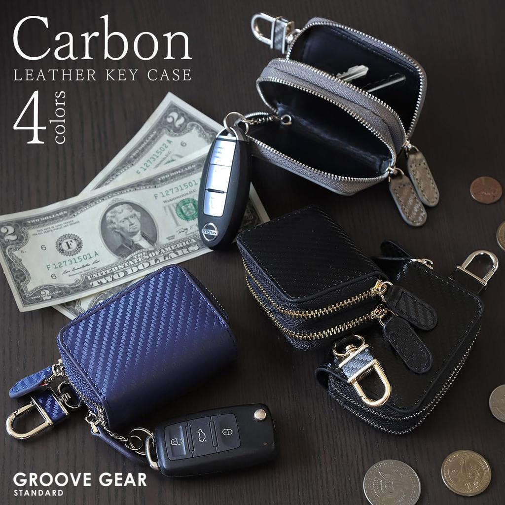 GROOVE GEAR Key Double Holds 2 Smart Key Genuine Leather Carbon Smart Key Navy Case, Zipper, Keys, Compatible, Men's Leather, Case, Ggs-2003,