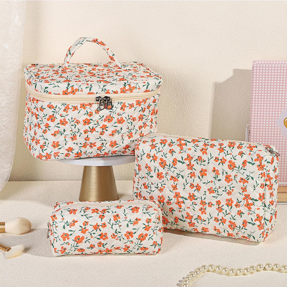 3Pcs Cosmetic Bag Cute Floral Cotton Toiletry Bag Zipper Toiletry Organizer Bag Travel Cosmetic Bag for Women Girls