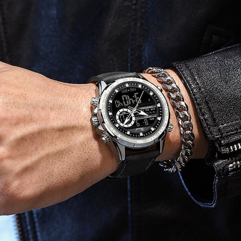 Los últimos relojes deportivos de moda, manecillas multifuncionales, resistente al agua, correa de cuero luminosa, doble pantalla, relojes de negocios de lujo para hombres