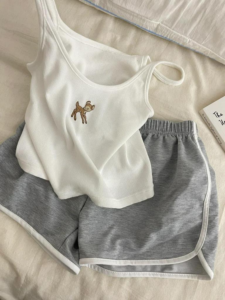 Set Pijama Camisolă Matlasată pentru Femei - Pantaloni Scurți & Vestă,Țesătură Subțire, Amestec de Bumbac Îmbrăcăminte de Casă