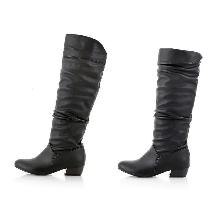 European Style Plus Size Flat Mid Calf Boots 2026 Autumn Winter New Round Head Pleated High Calf Riding Boots For Women