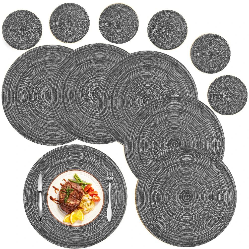 6Pcs Round Table Mat and Cup Coasters Set Woven Ramie Placemats Anti Slip Dining Placemats Non-Slip Tableware Bowl Pads Kitchen