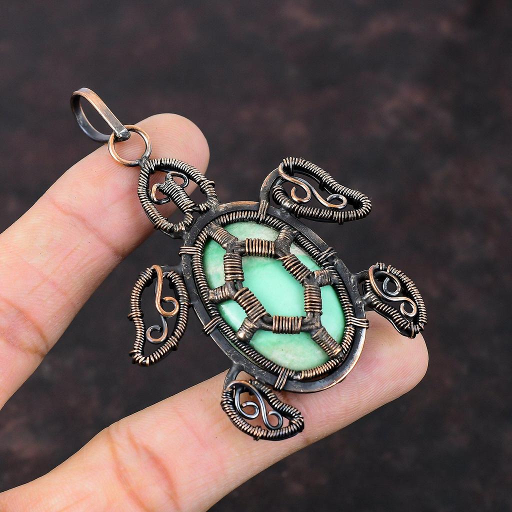 Variscite Pendant Copper Wire Wrapped Pendant Handmade Tortoise Pendant Variscite Copper Jewelry Wonderful Gemstone Pendant Gift For Mother