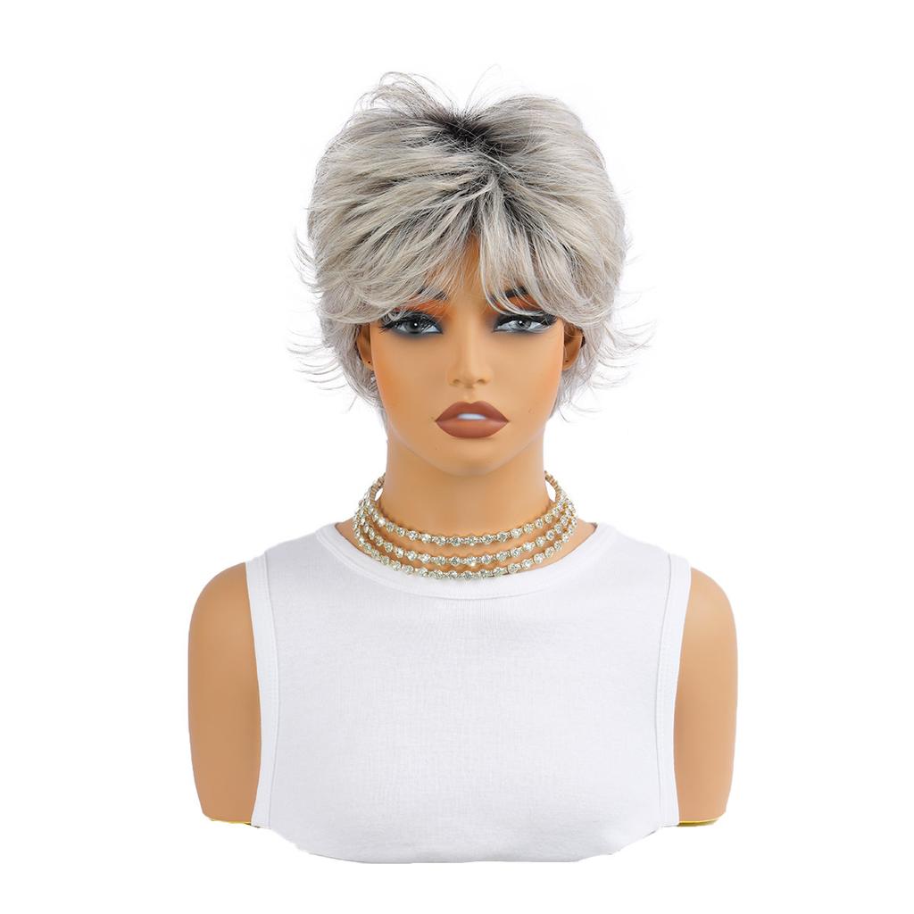 Short Natural Wigs with Bangs Soft Mommy Hair Daily Use Silver White Gray Curly Synthetic Hair Costume Party Wig for Women