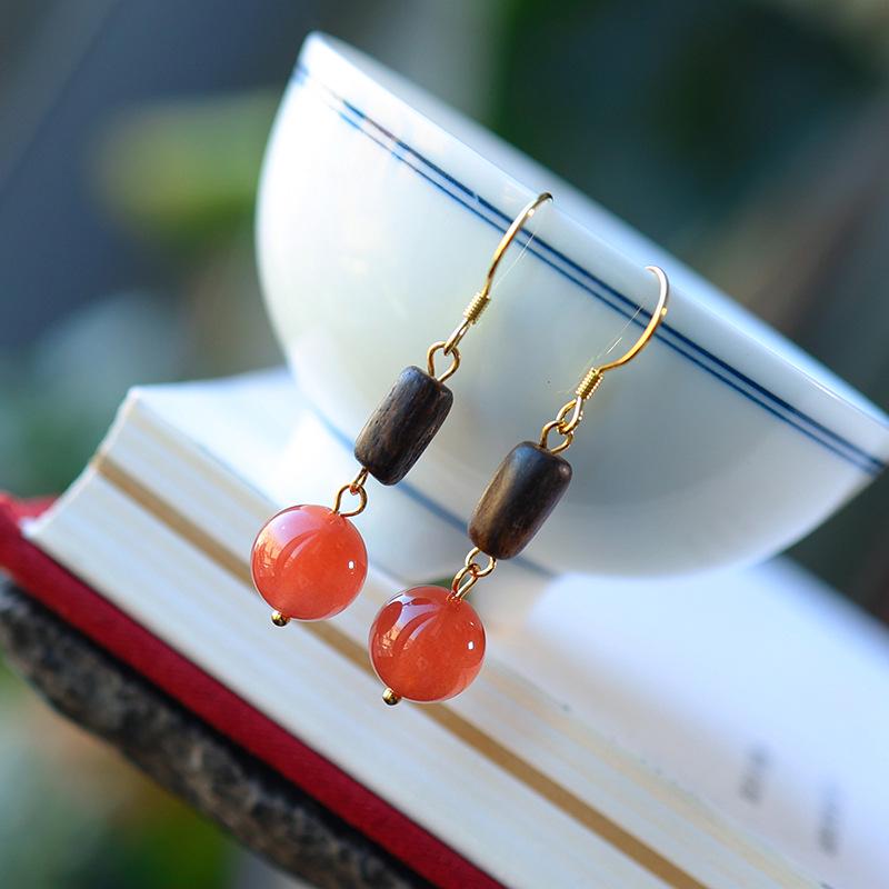 HD Agarwood & Red Agate Earrings: Niche Light Luxury, Ancient Style, Elegant Temperament, Long Design