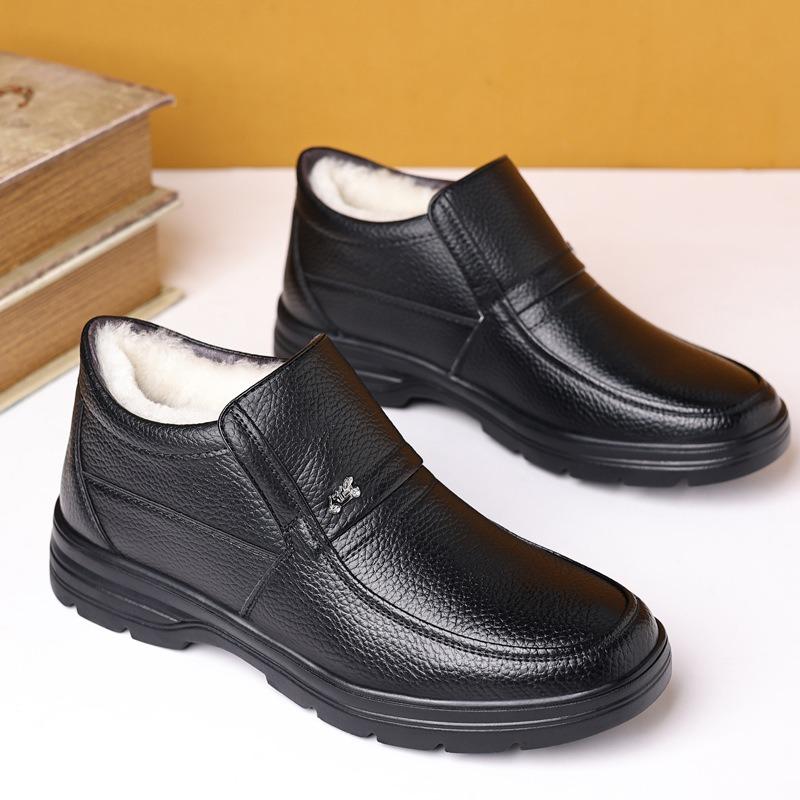 Men's Winter Shoes, Wool Cotton Shoes, Men's Cowhide Warm Fleece Thickened Dad Shoes, Leather Non-slip Cotton Shoes for the Elderly