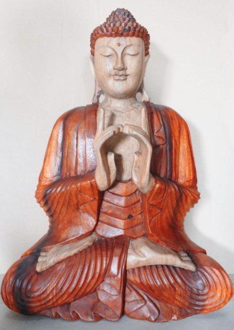 Buddha Statue Hand Carved Wood 60cm Two Hands