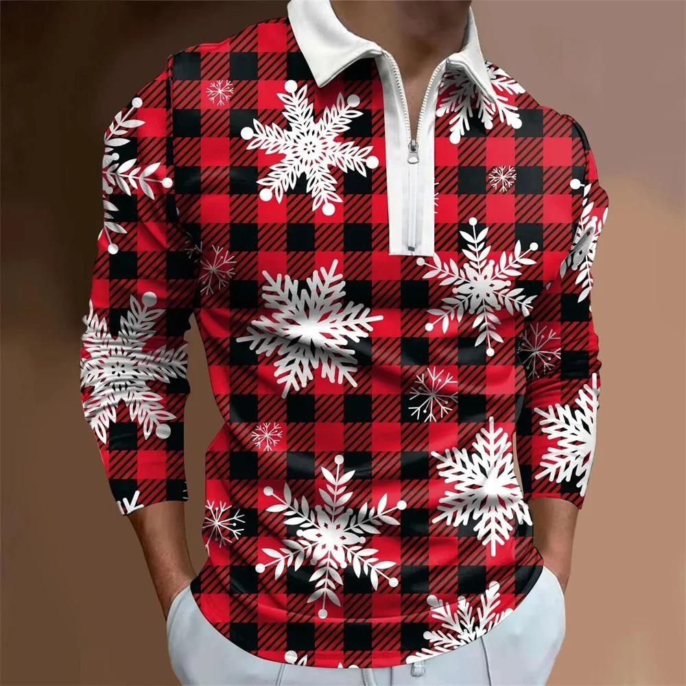 Father Christmas cartoon pattern digital 3D printing polo shirt large size loose men's zip lapel shirt