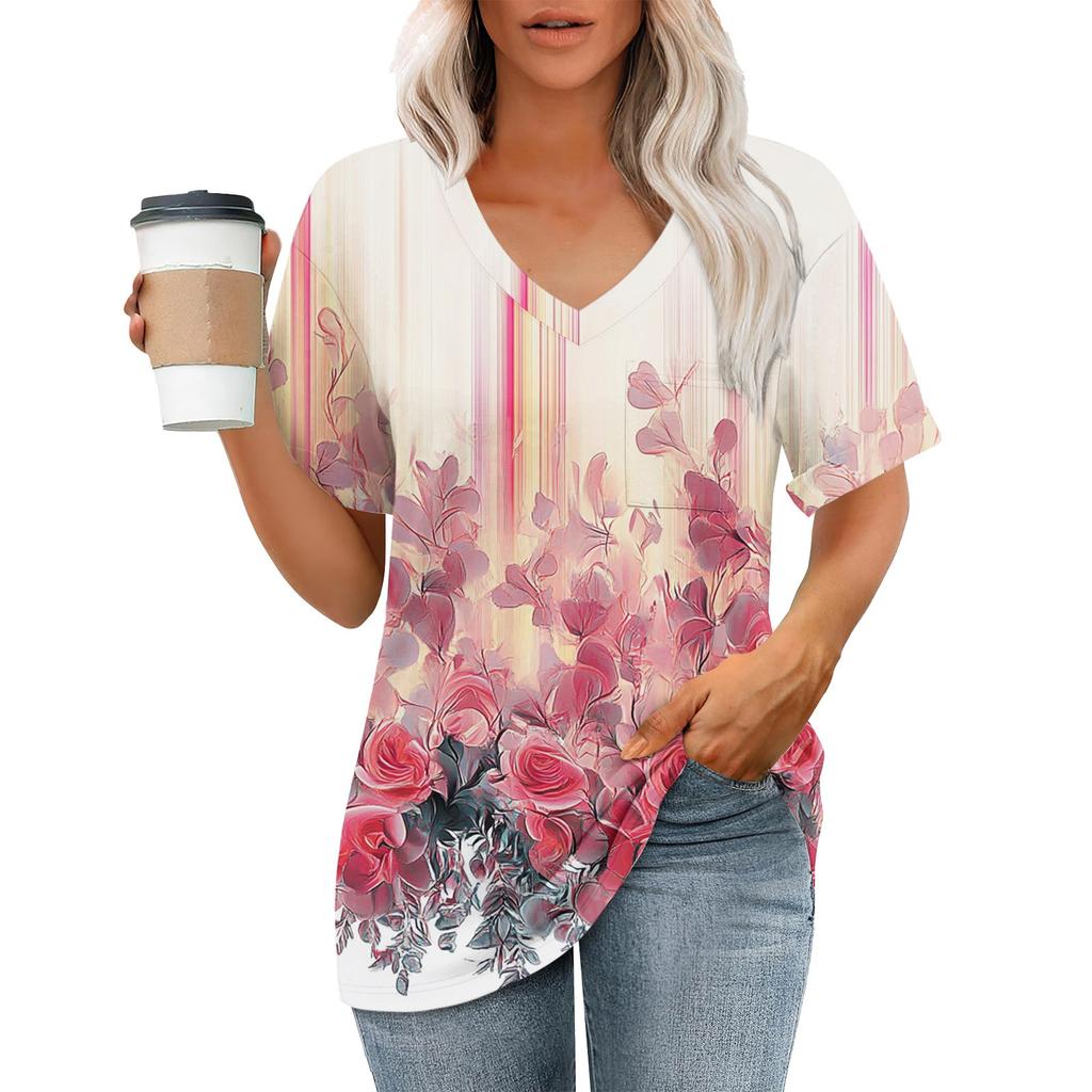 Women's Fashion Pocket V-neck Short Sleeve Plant Floral Print T-shirt Top