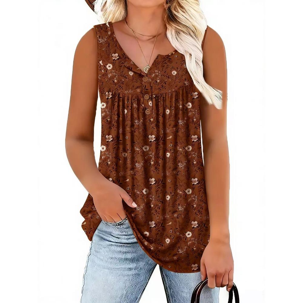 Canotta da donna senza maniche con scollo Henley floreale, vestibilità regolare, stile casual, camicetta estiva