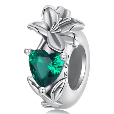 Silver Stopper Charm Green Heart and Lily Flower Stopper for Bracelet Silver 925