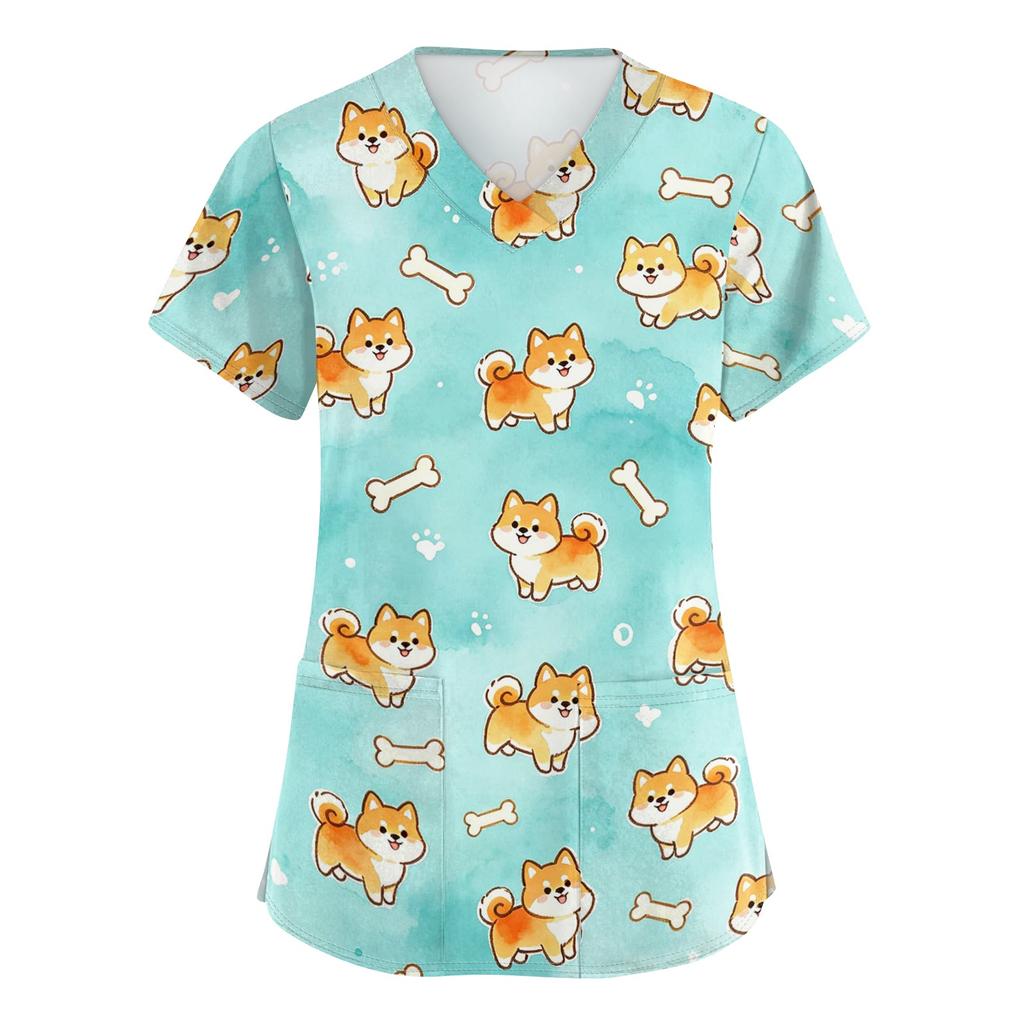 Women's V Neck Short Sleeve Work Top with Pockets Animal Print Medical Scrub Shirt for Healthcare Professionals Nursing Uniform