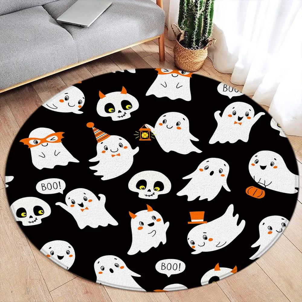 Halloween White Elf Ghost Round Carpet Non-Slip Doormat for Party Home Decor Pumpkin Living Room Sofa Bedside Rugs Floor Mats