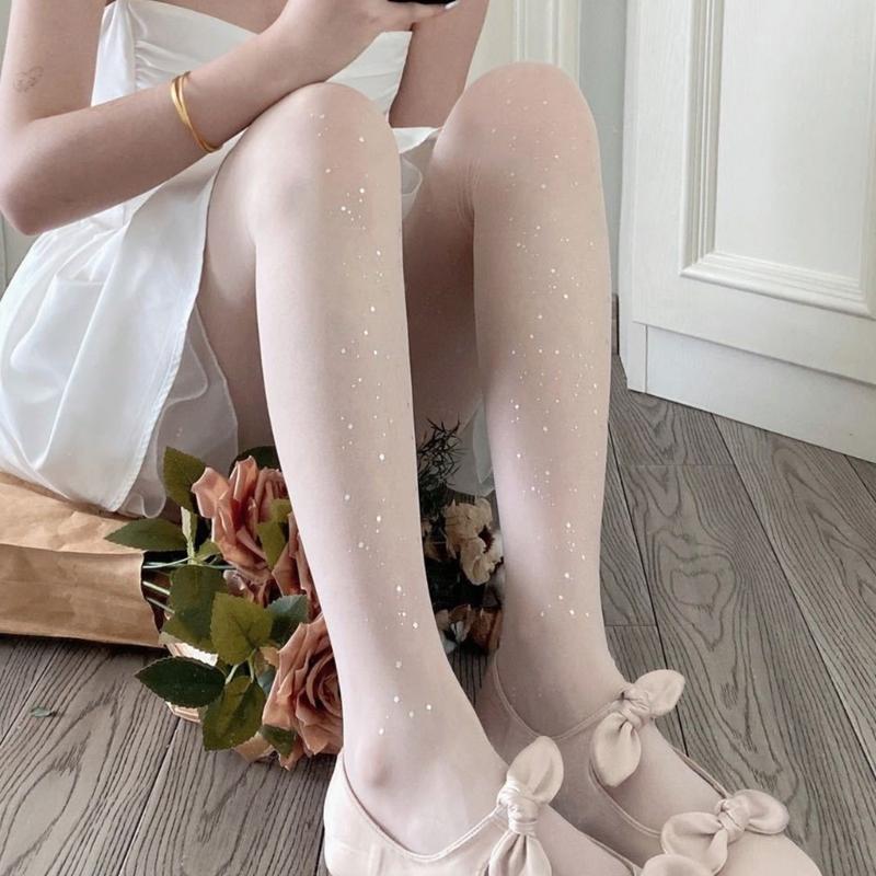 Women Sweet Ballet Style Ultra-Thin Sheer Pantyhose Stockings Glitter Star Patterned See-Through Tights Leggings Hosiery