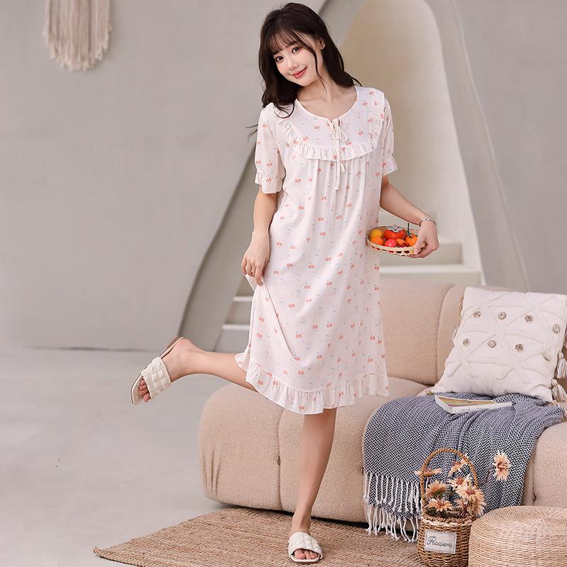 Artificial cotton silk nightdress, lace-up rope, round neck over knee, enlarged long dress, soft, comfortable and breathable, fairy casual style skirt