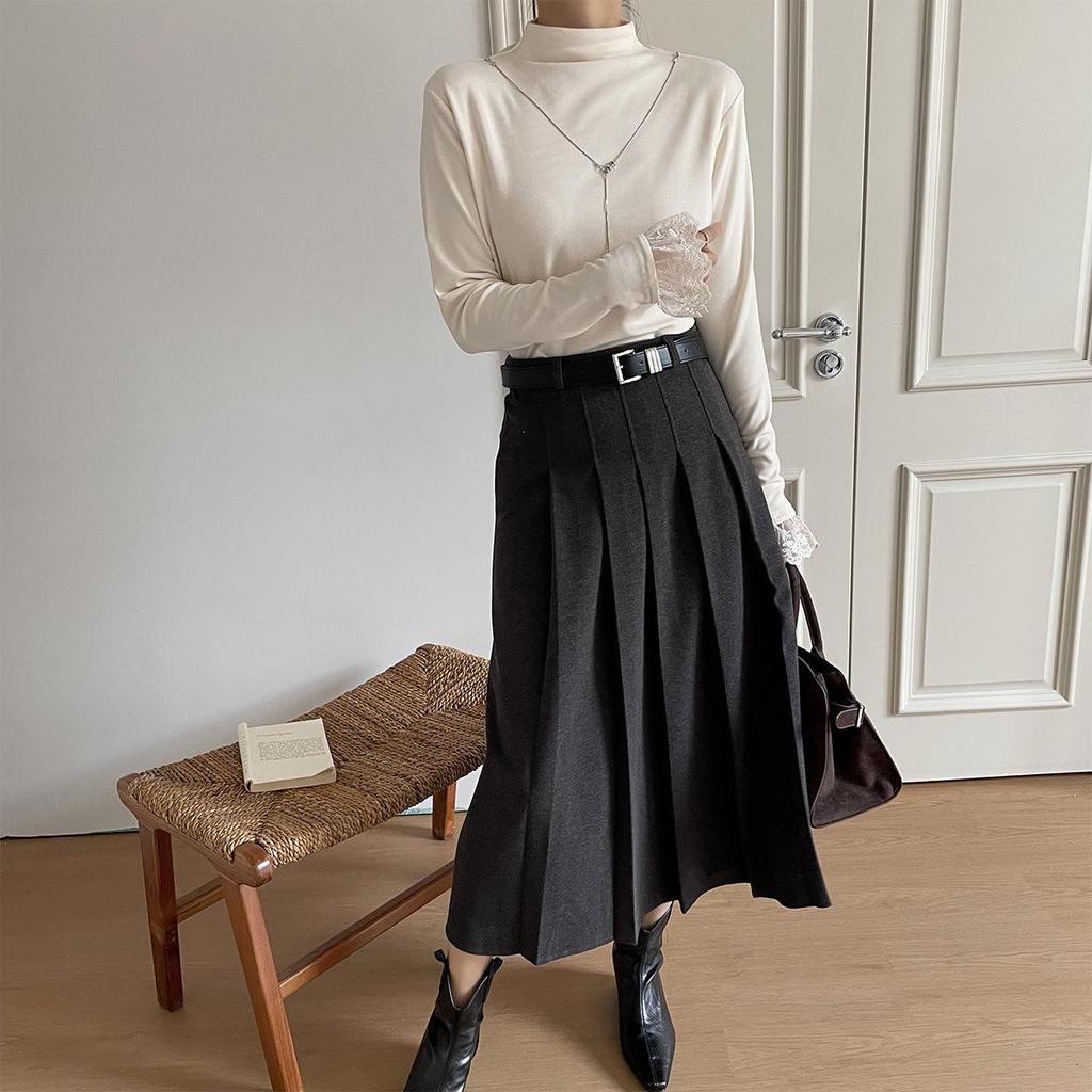 Lizhiqi Women's Woolen A-Line Pleated Midi Skirt - 2024 Winter Collection, High Waist, Slimming Fit