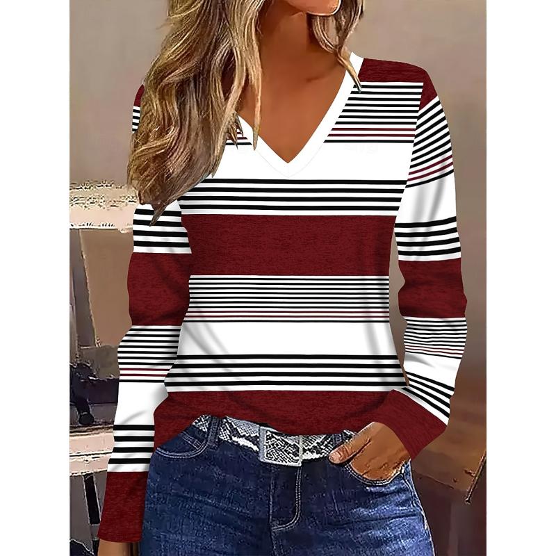 Striped checkered printed pattern women's long sleeved T-shirt, winter warm T-shirt top, fashionable casual T-shirt, must-have top for parties