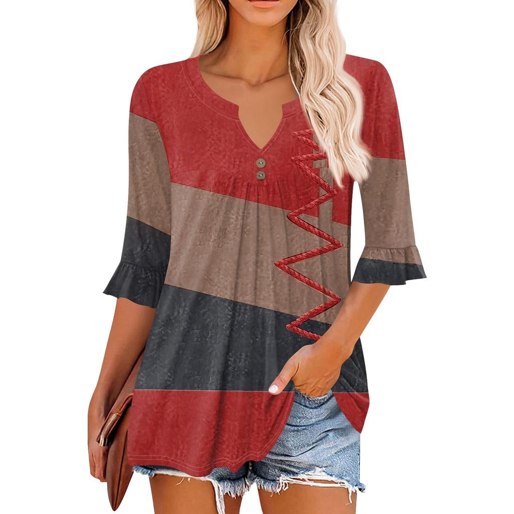 3/4-Ärmel Oberteile für Damen Lässige Rüschen V-Ausschnitt T-Shirts Arbeitsblusen Elegante Tunika-Oberteile