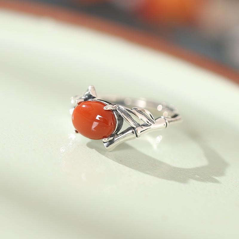 Adjustable Open Ring Women Men Vintage Bamboo Leaf Design Red Agate Jade Copper Statement