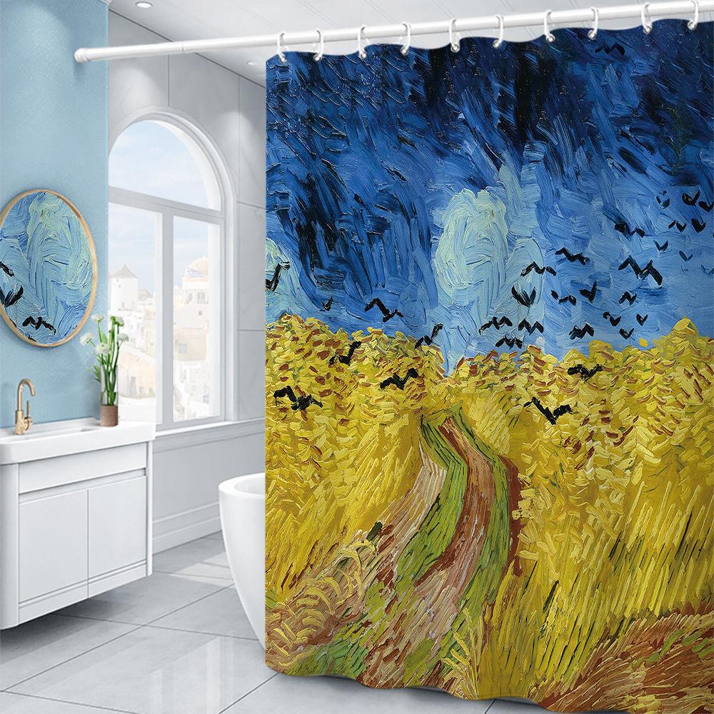 Van Gogh Starry Night Shower Curtain Oil Painting Abstract Art Blue Sky White Cloud Star Moon Scenery Bathroom Decor With Hooks