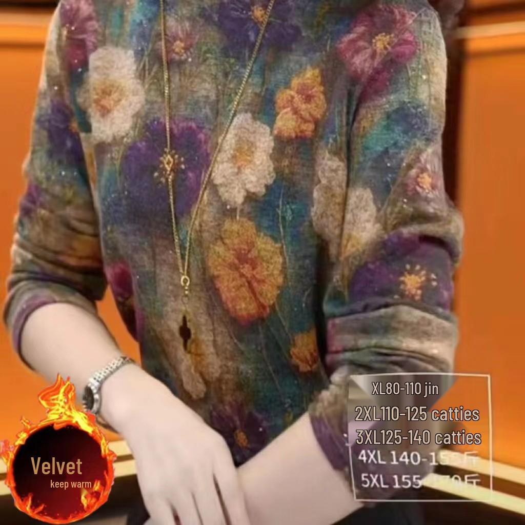 

Women s Fashionable Long Sleeve Autumn-Winter Base Layer Top with Print, Round Neck, Age-Reducing Style (2025 New Edition) 2XL (110-125 jin)