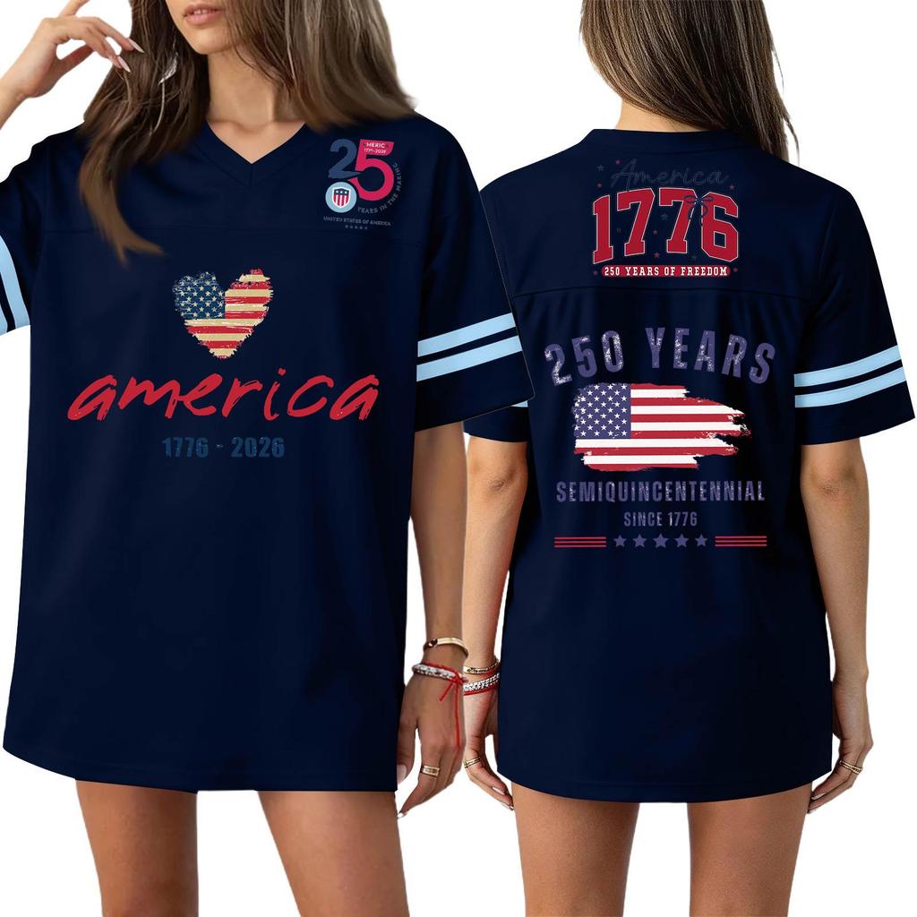 Damska Codzienna Modna Koszulka Sportowa z Dekoltem V z Nadrukiem na Dzień Niepodległości Krótkim Rękawem Top