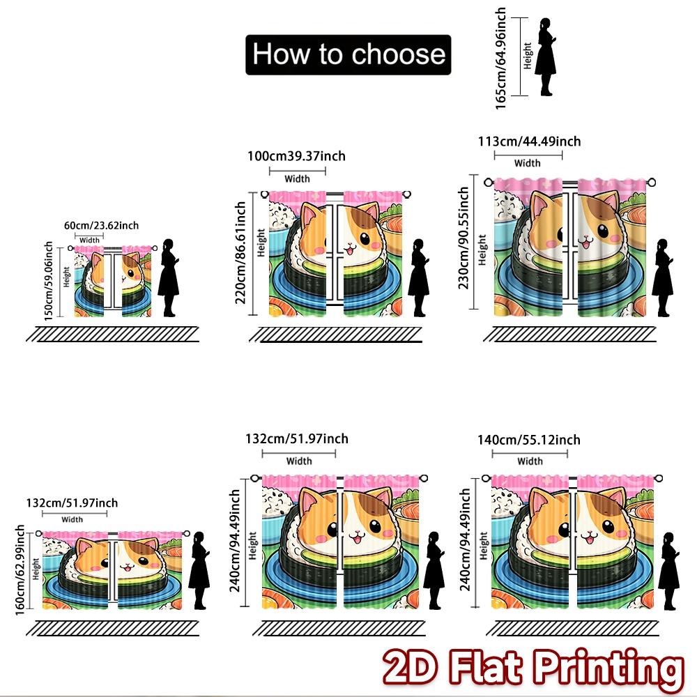 2D flat printing 2pcs Drapes Cute Cat Sushi Digital Printed Polyester Drapes Festive Curtains Use for Indoor Celebrations for